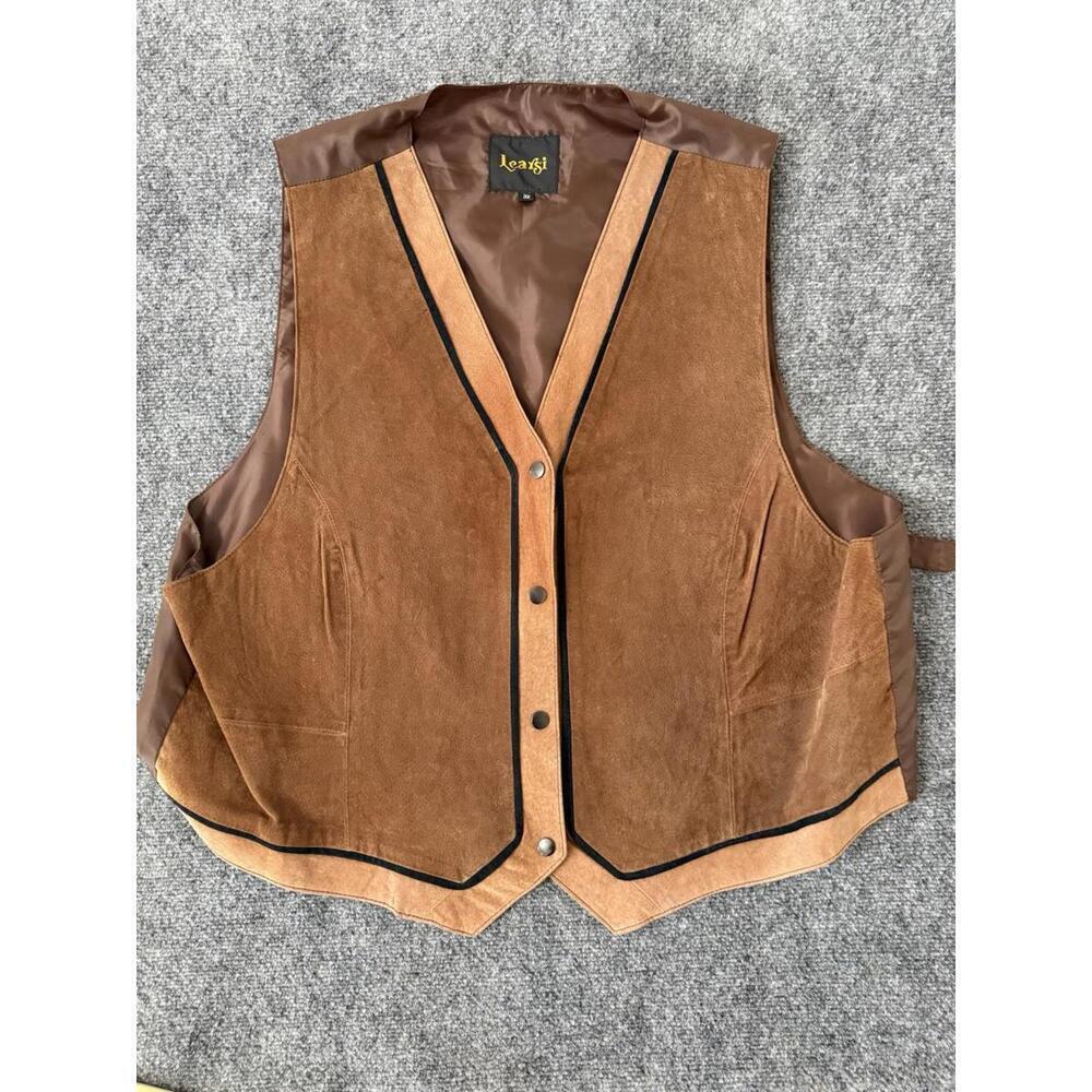 Vest Mens 100%  Leather Large Brown Button Western Cowboy  Suit Jacket